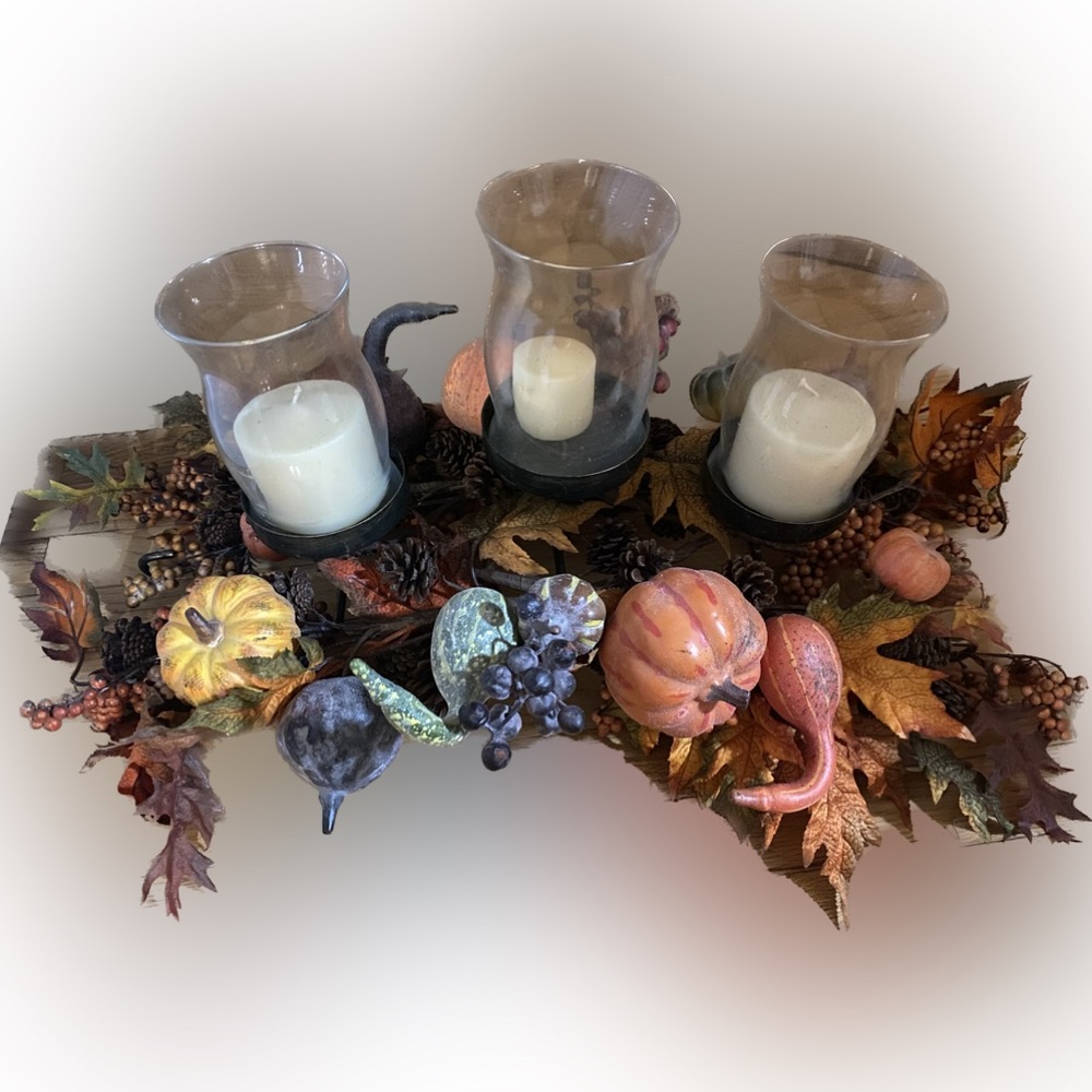 Beautiful Fall  arrangement. W 3 glass candelabras